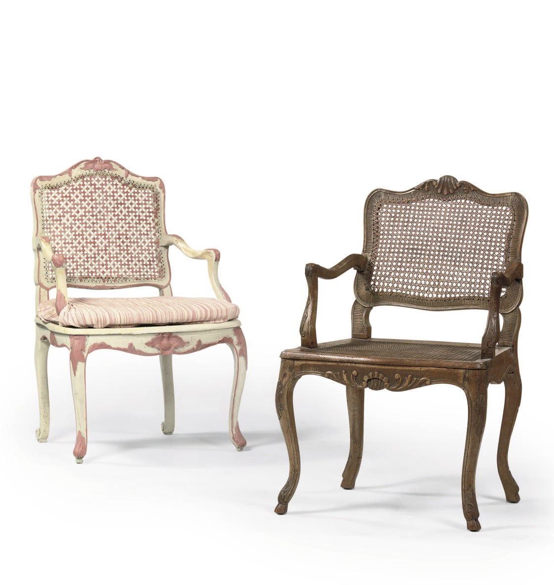 A GREY AND PINK PAINTED FAUTEUIL AND A BEECHWOOD FAUTEUIL