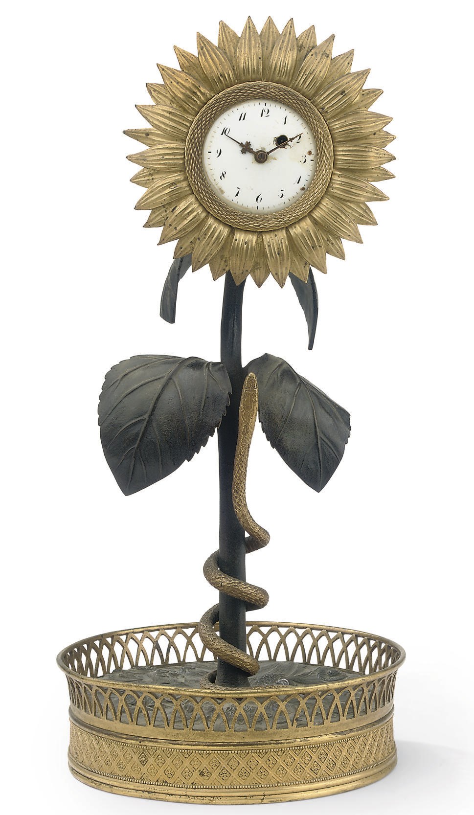 A RESTAURATION ORMOLU AND PATINATED BRONZE SUNFLOWER TIMEPIECE