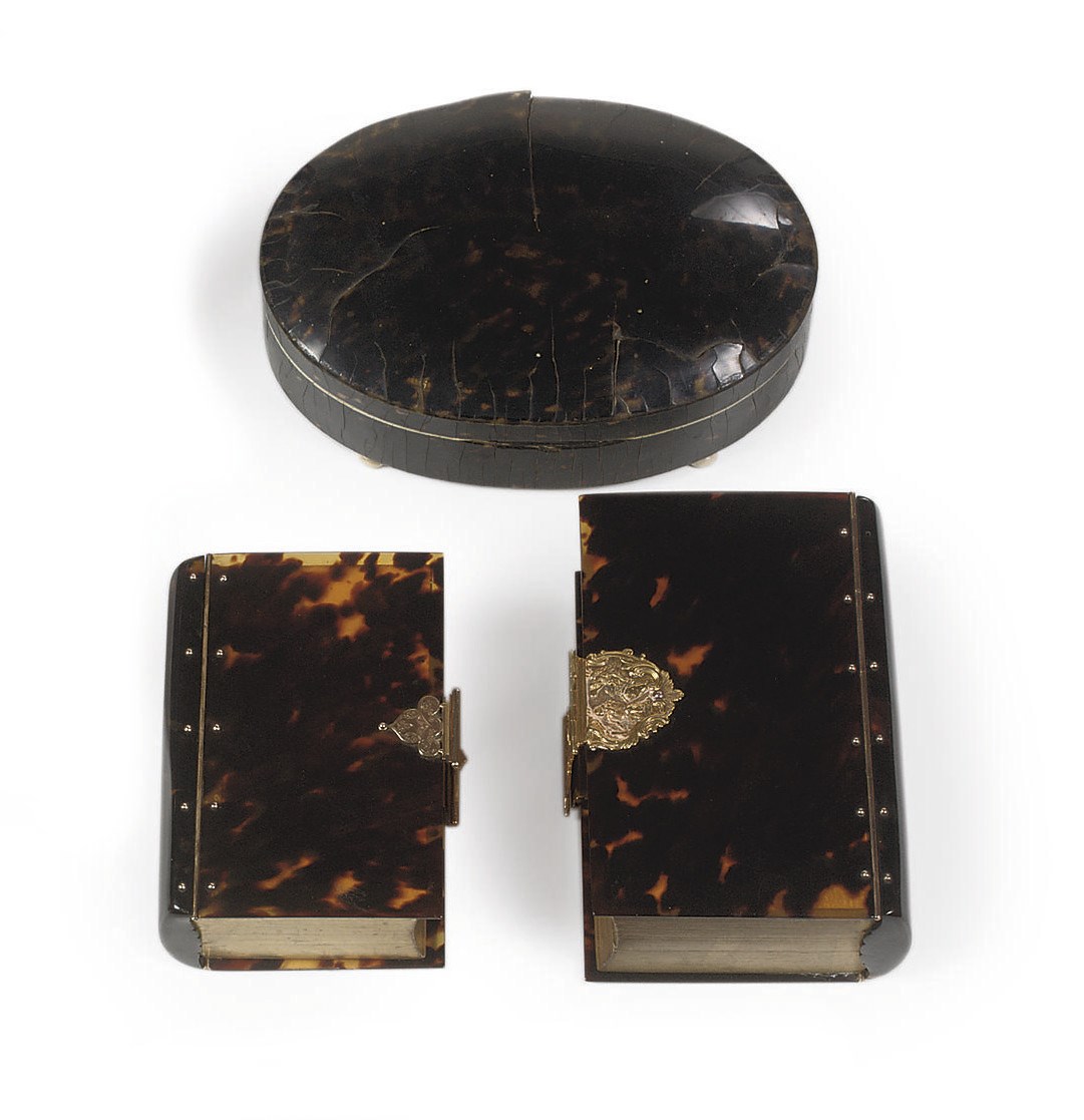 TWO GOLD-MOUNTED TORTOISESHELL BOUND DUTCH BIBLES AND AN OVAL DUTCH TORTOISESHELL SPOONBOX