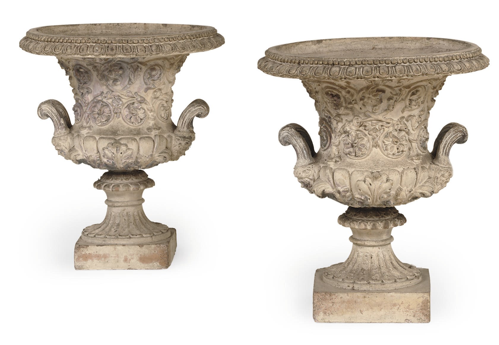 A PAIR OF NORTH EUROPEAN WHITE PAINTED TERRACOTTA CAMPANA VASES