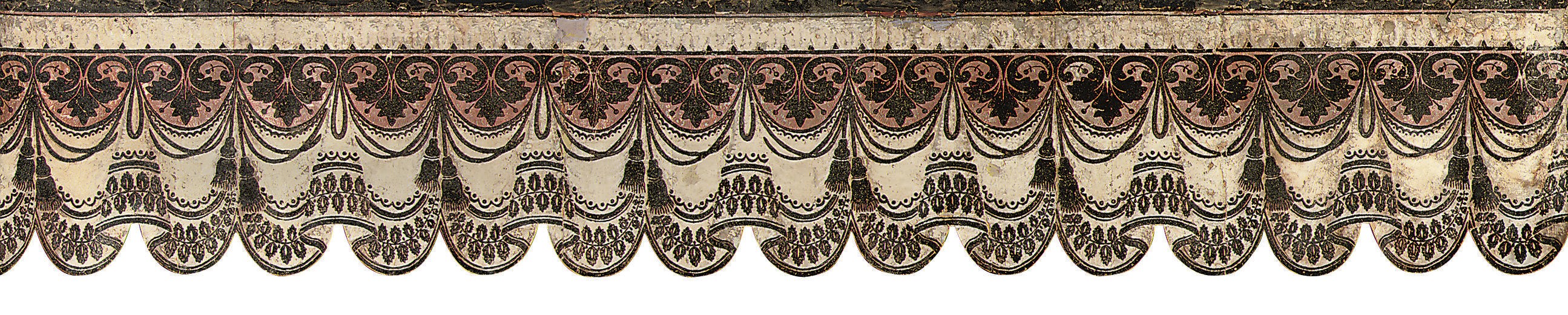 THREE RED AND BLACK 'FLOCK' DECORATED PAPER PALMET PANELS