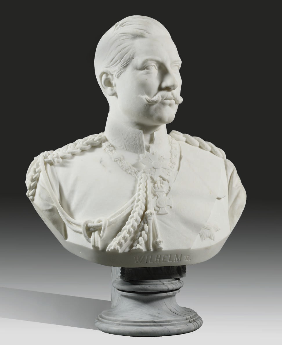 A CARVED WHITE MARBLE BUST OF EMPEROR WILHELM II