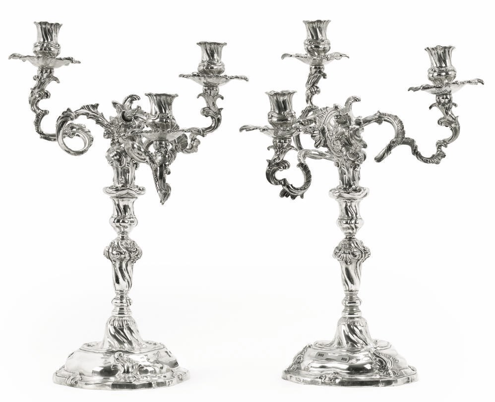 A FINE LARGE PAIR OF GERMAN SILVER CANDELABRA