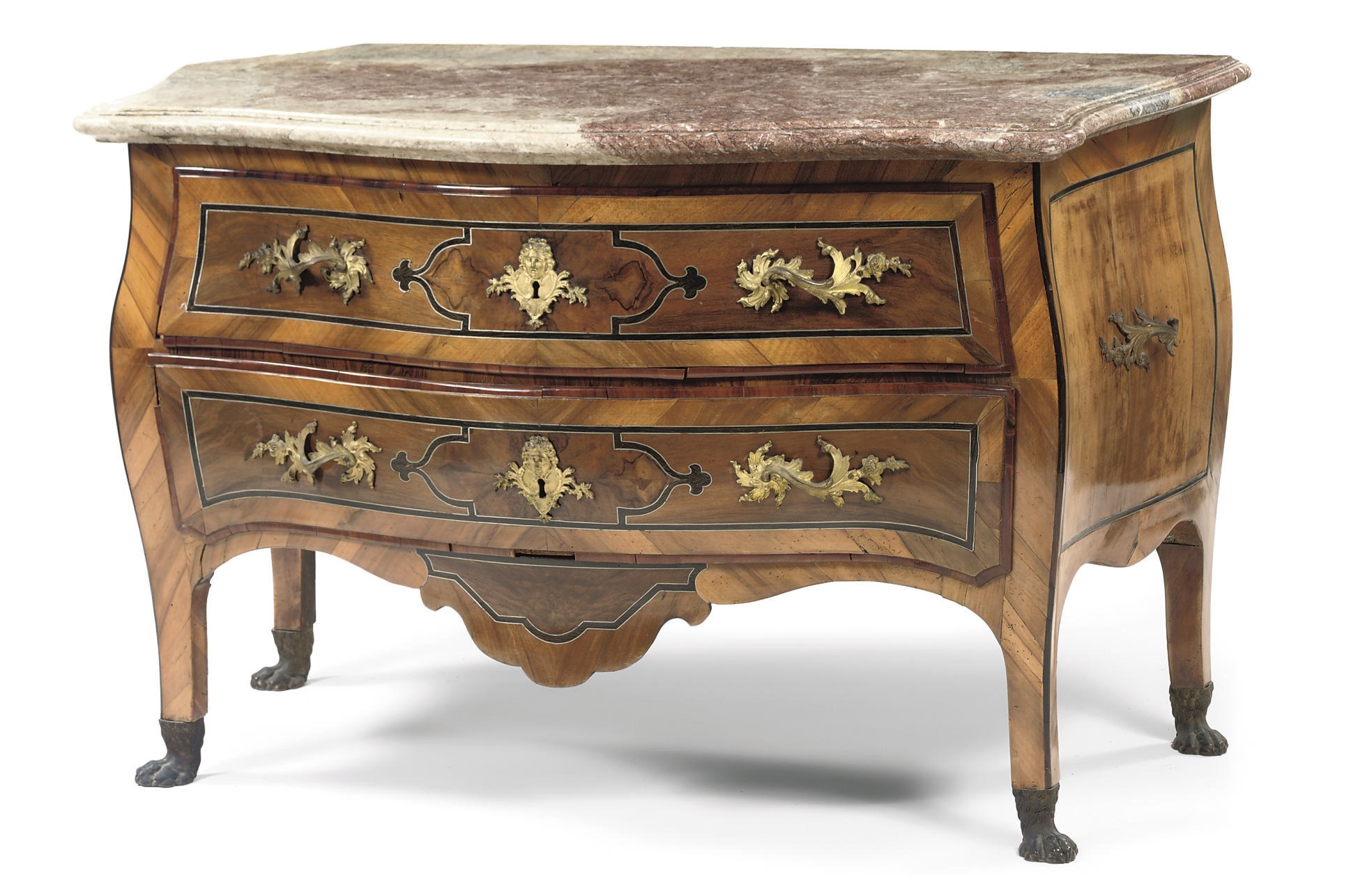 A SOUTH GERMAN ORMOLU-MOUNTED WALNUT, FIGURED-WALNUT, BOG-OAK AND PEWTER INLAID COMMODE