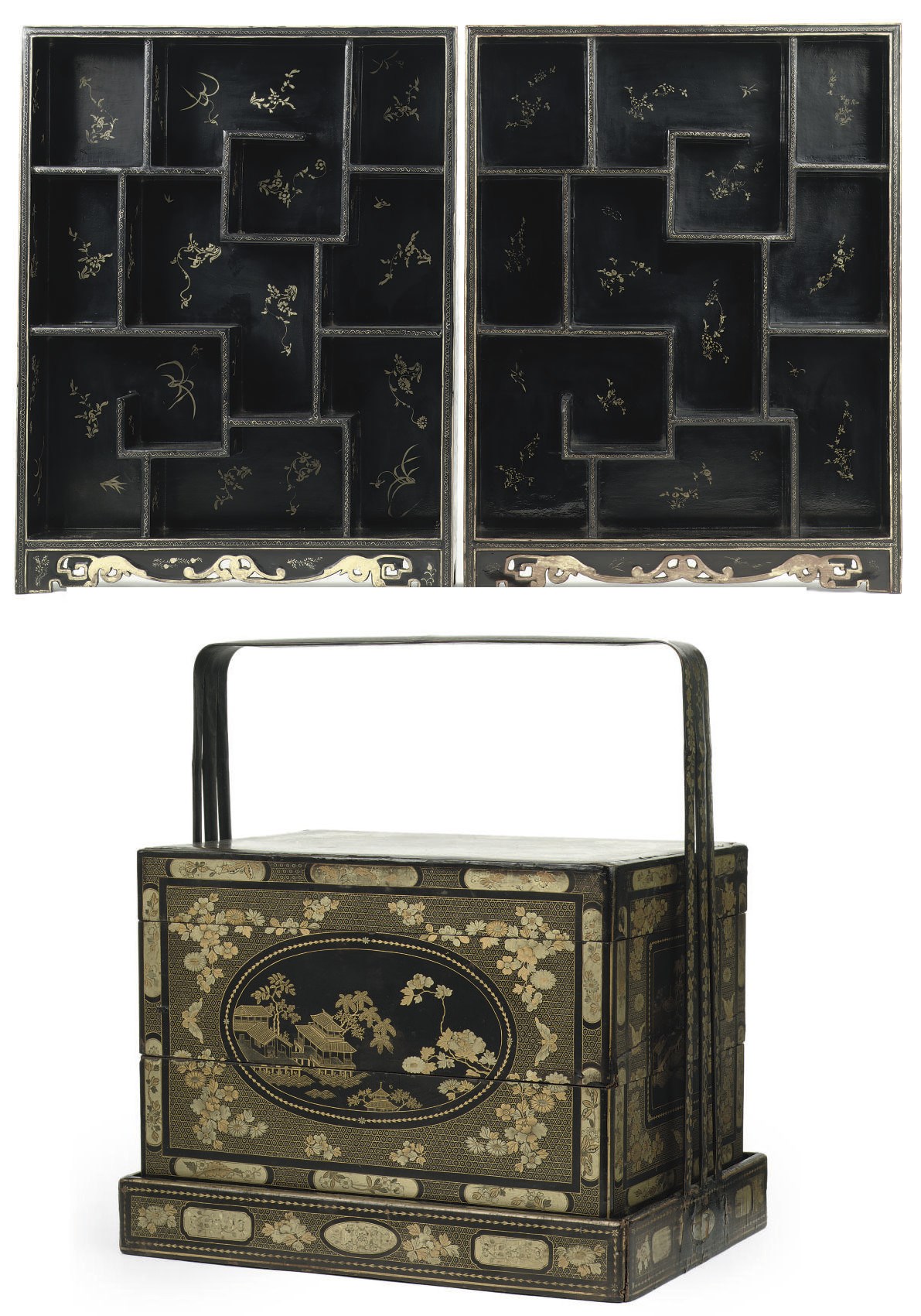A pair of Chinese lacquer display cabinets and a lacquer box