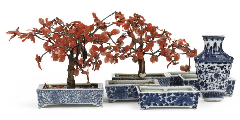 A set of four and a pair of Chinese blue and white jardinières, and a wall-vase