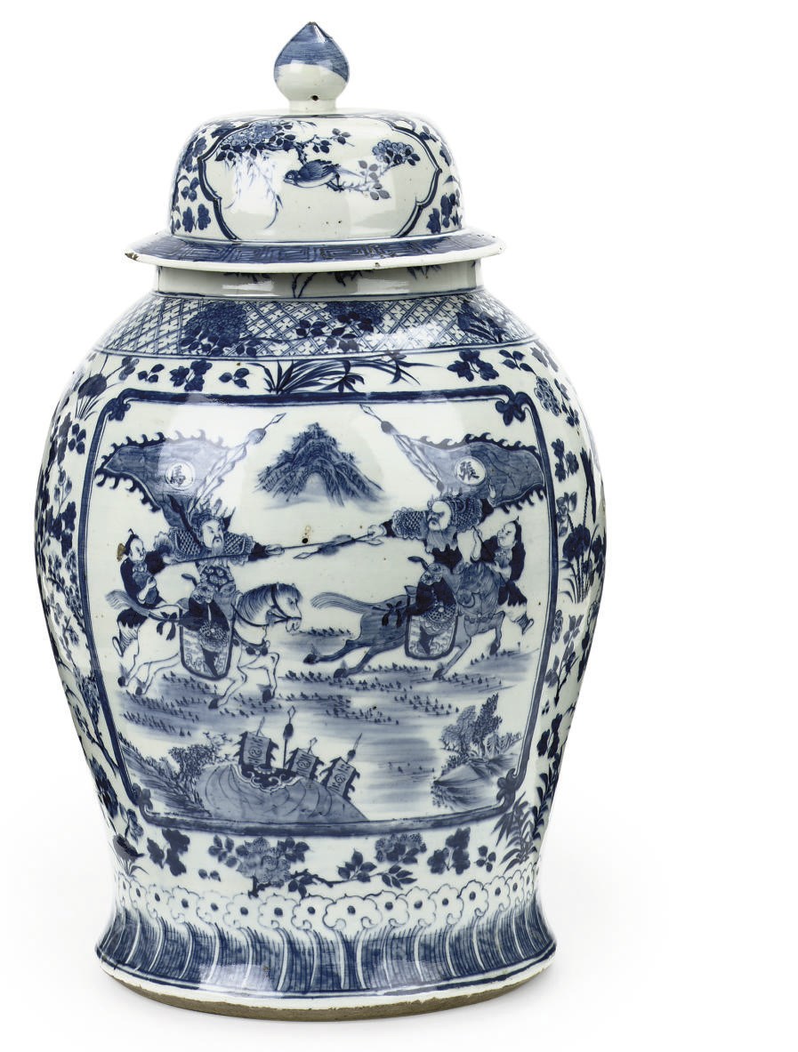A large Chinese blue and white baluster jar and cover