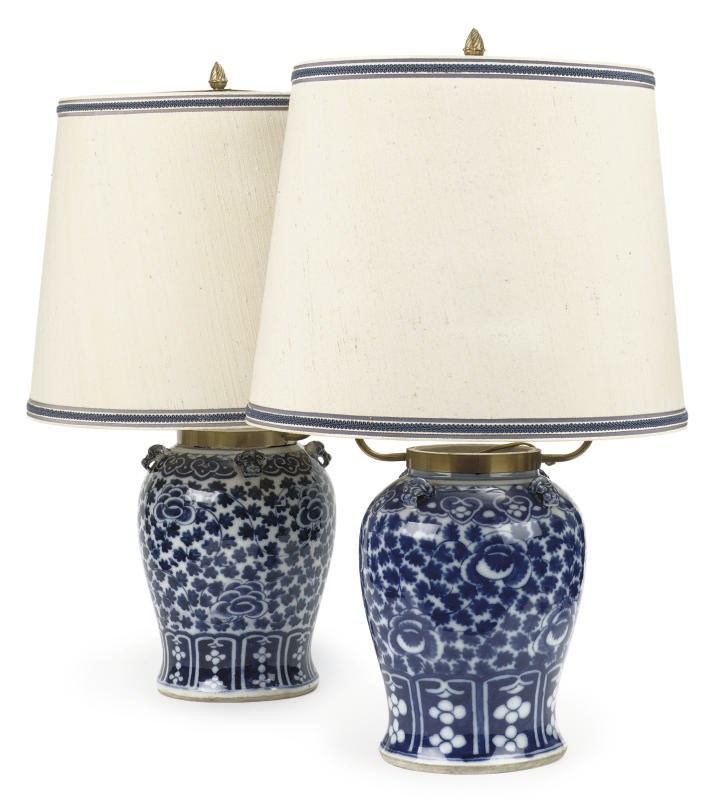 A pair of Chinese blue and white jars mounted as lamps