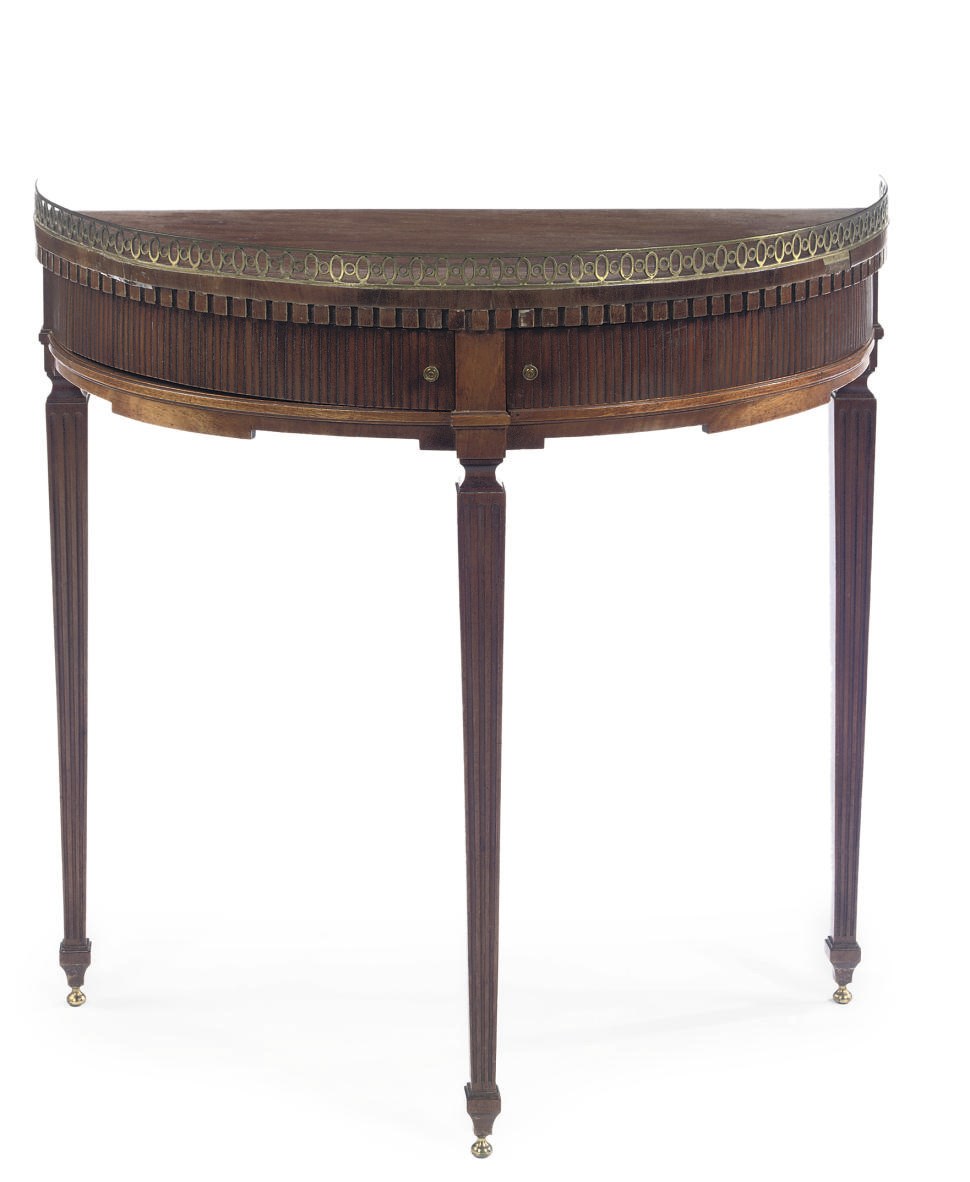A DUTCH MAHOGANY DEMI-LUNE CONSOLE TABLE