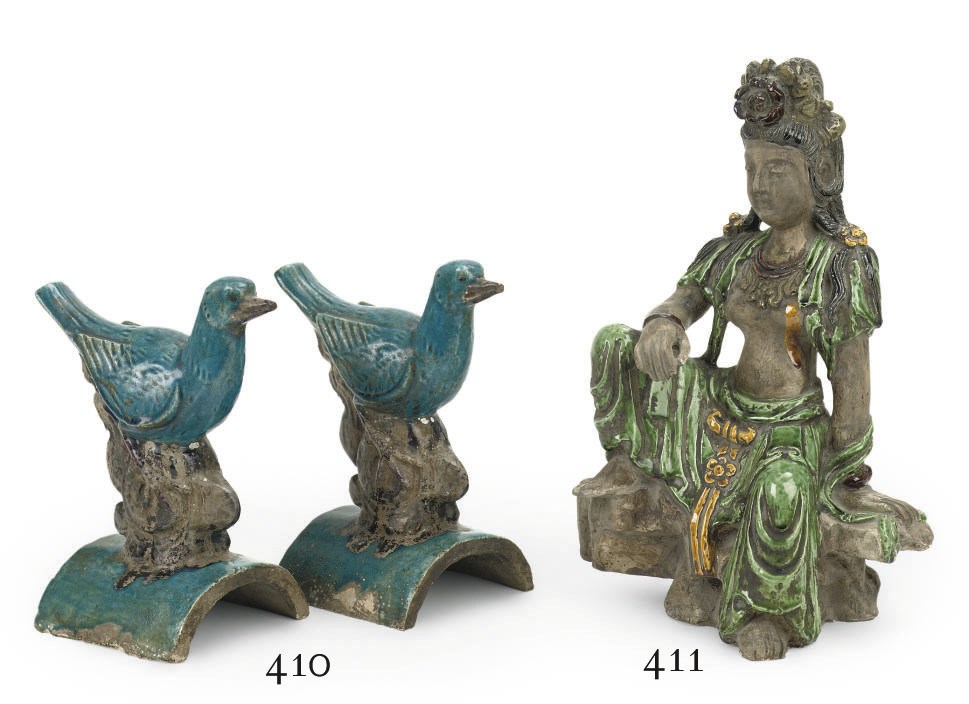 A pair of Chinese late Ming turquoise- and aubergine-glazed rooftiles
