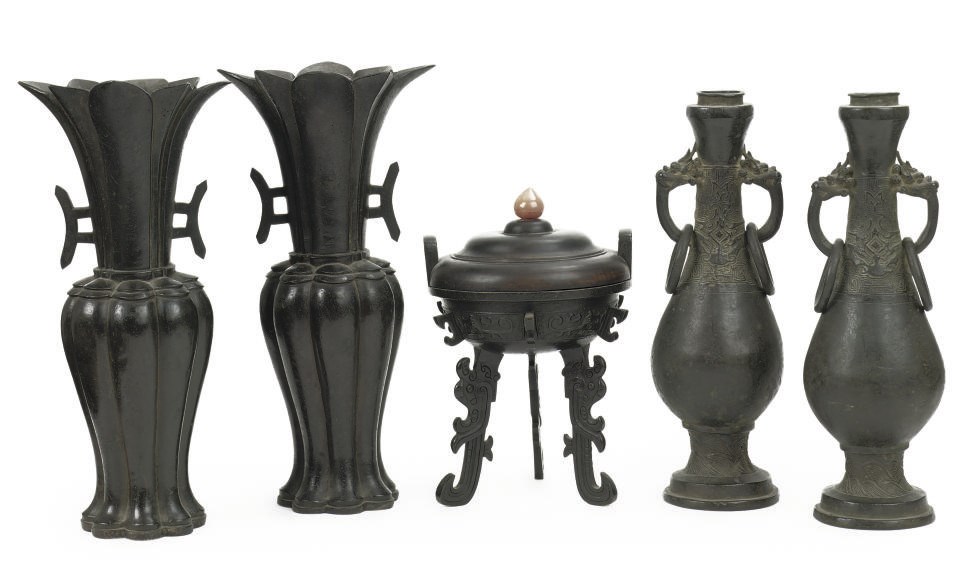 Two pairs of Chinese bronze vases and a Chinese bronze Ding and wood cover