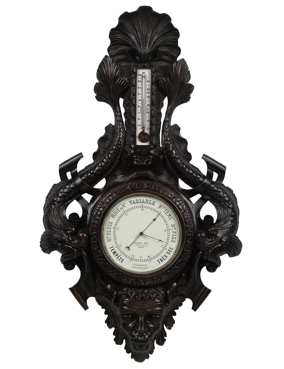 A FRENCH NEO-RENAISSANCE CARVED STAINED LIMEWOOD BAROMETER