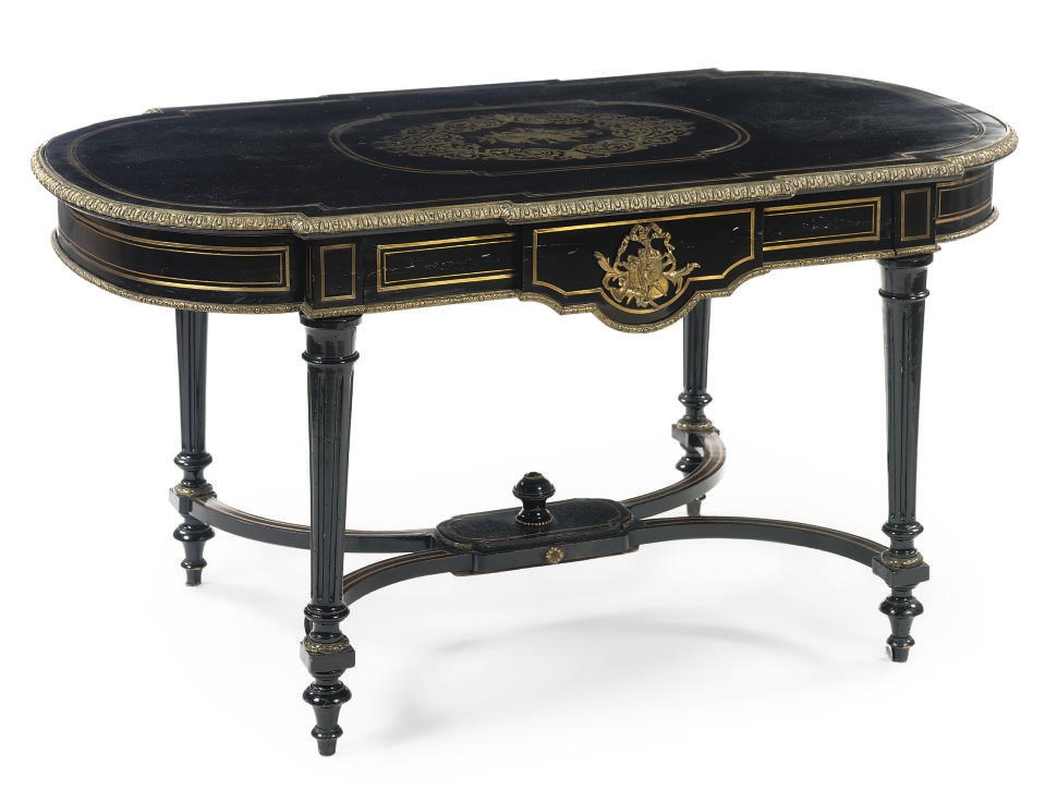 A NAPOLEON III BRASS-MOUNTED, EBONISED AND BOULLE MARQUETRY CENTRE TABLE