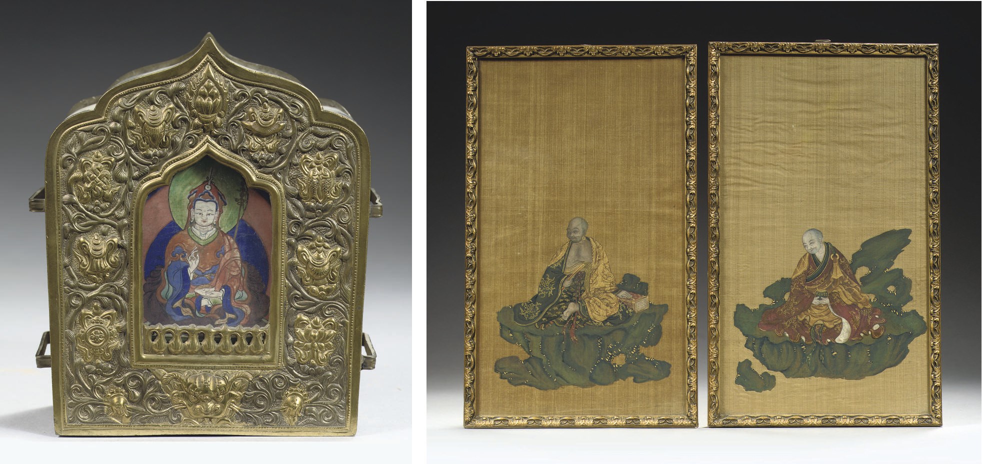 A Tibetan gilt copper shrine and two Chinese paintings