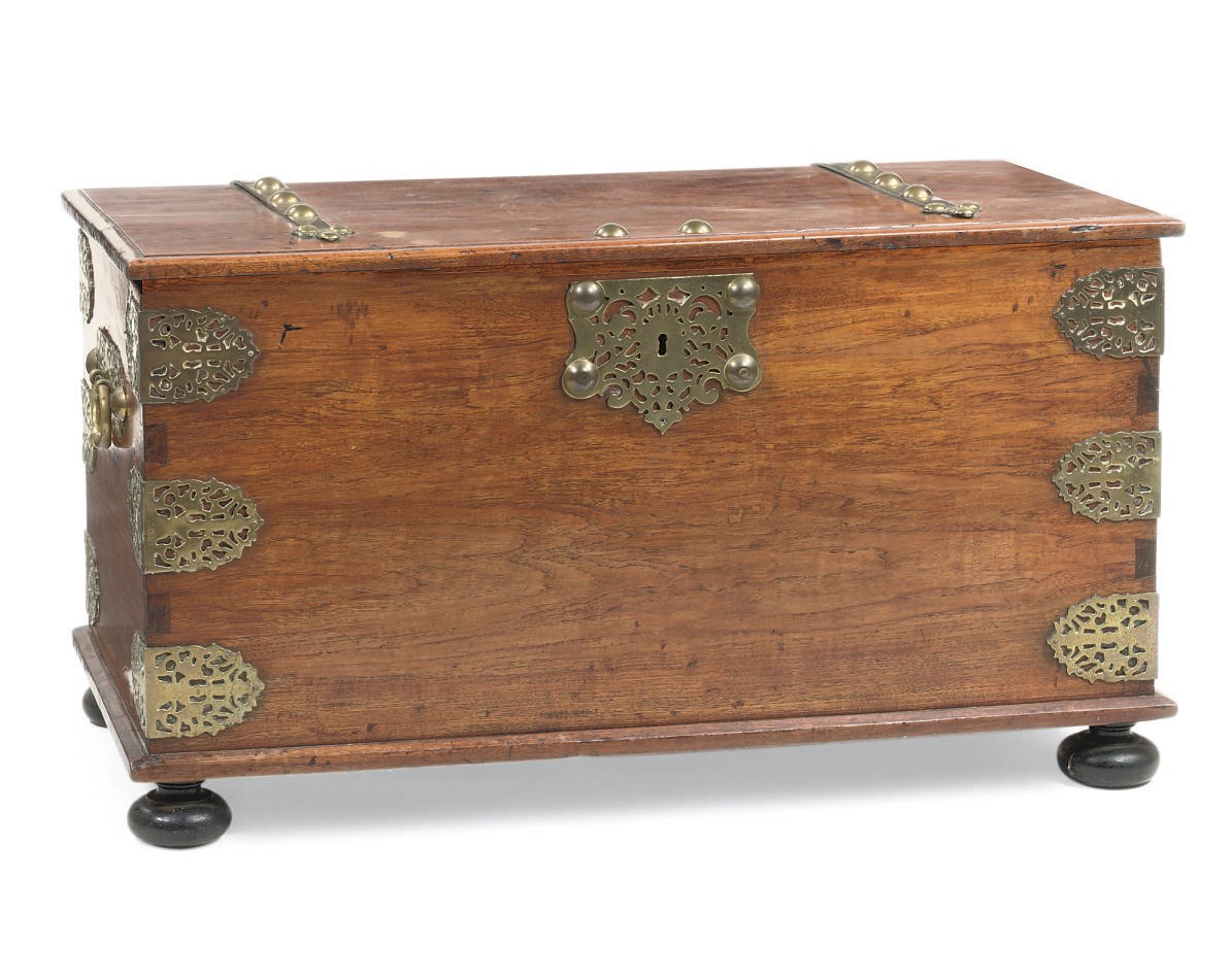 A DUTCH COLONIAL BRASS-MOUNTED TEAK CHEST