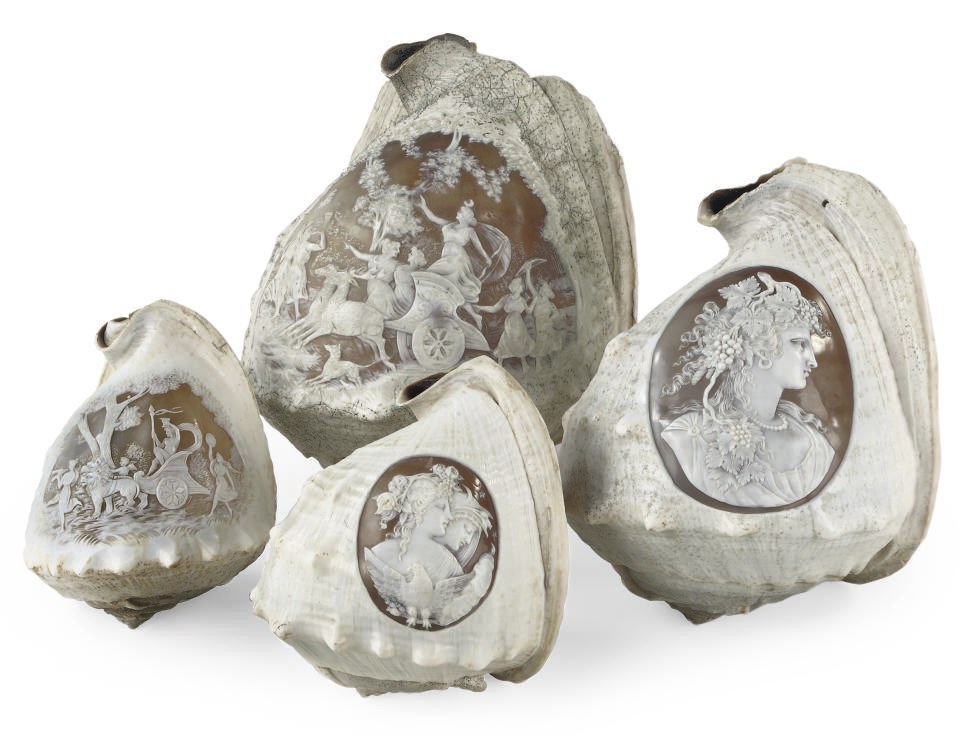 A CAMEO SHELL CARVED WITH A MYTHOLOGICAL SCENE DEPICTING DIANA
