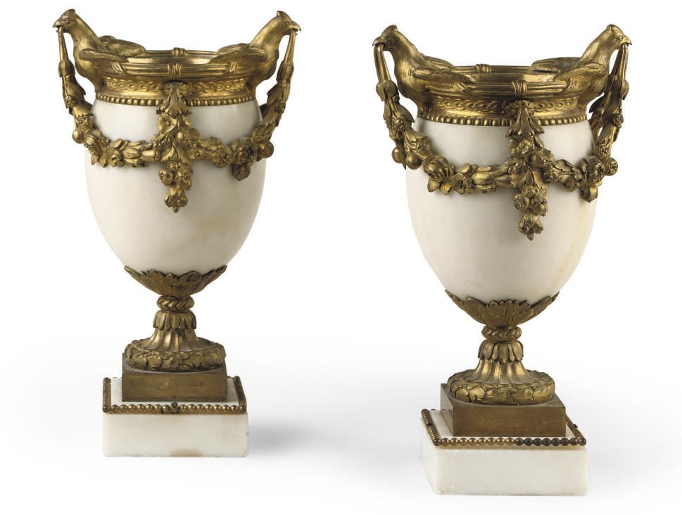 A PAIR OF ORMOLU-MOUNTED WHITE MARBLE VASES
