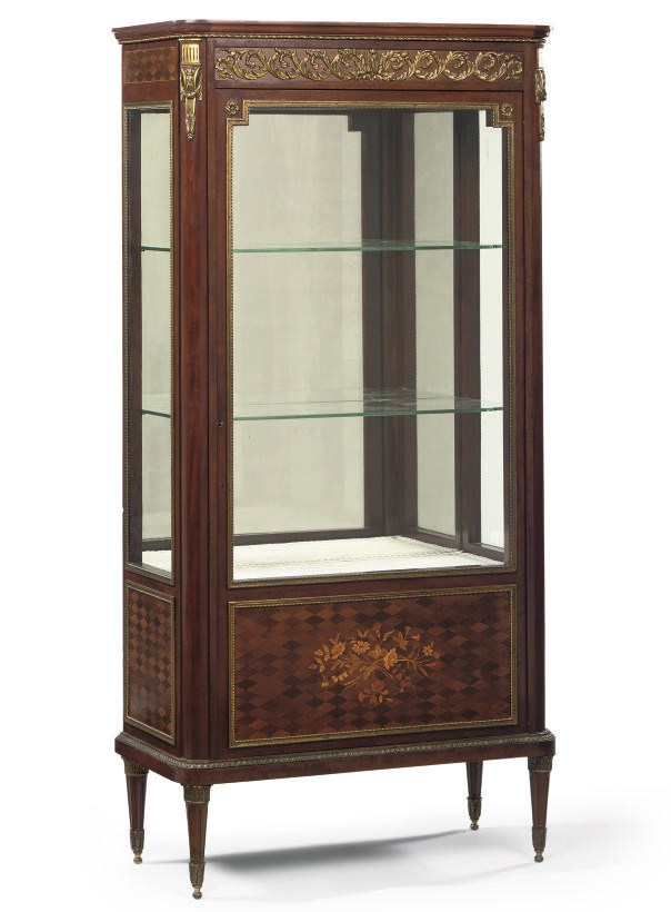 A FRENCH ORMOLU-MOUNTED, MAHOGANY AND FRUITWOOD MARQUETRY DISPLAY CASE