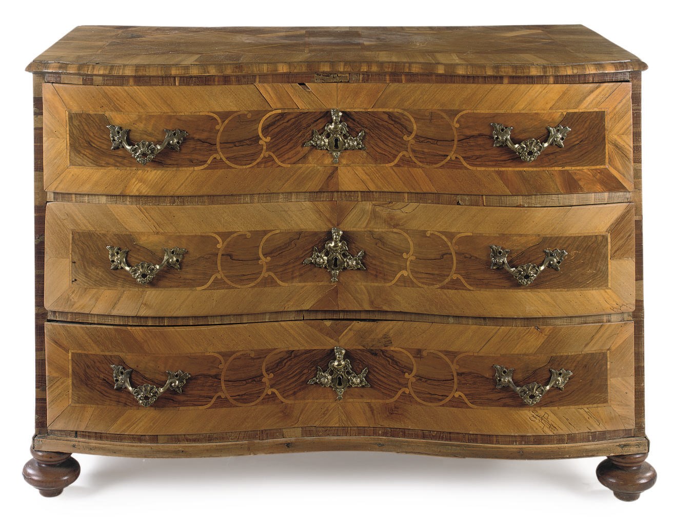 A SOUTH GERMAN WALNUT AND FRUITWOOD MARQUETRY COMMODE