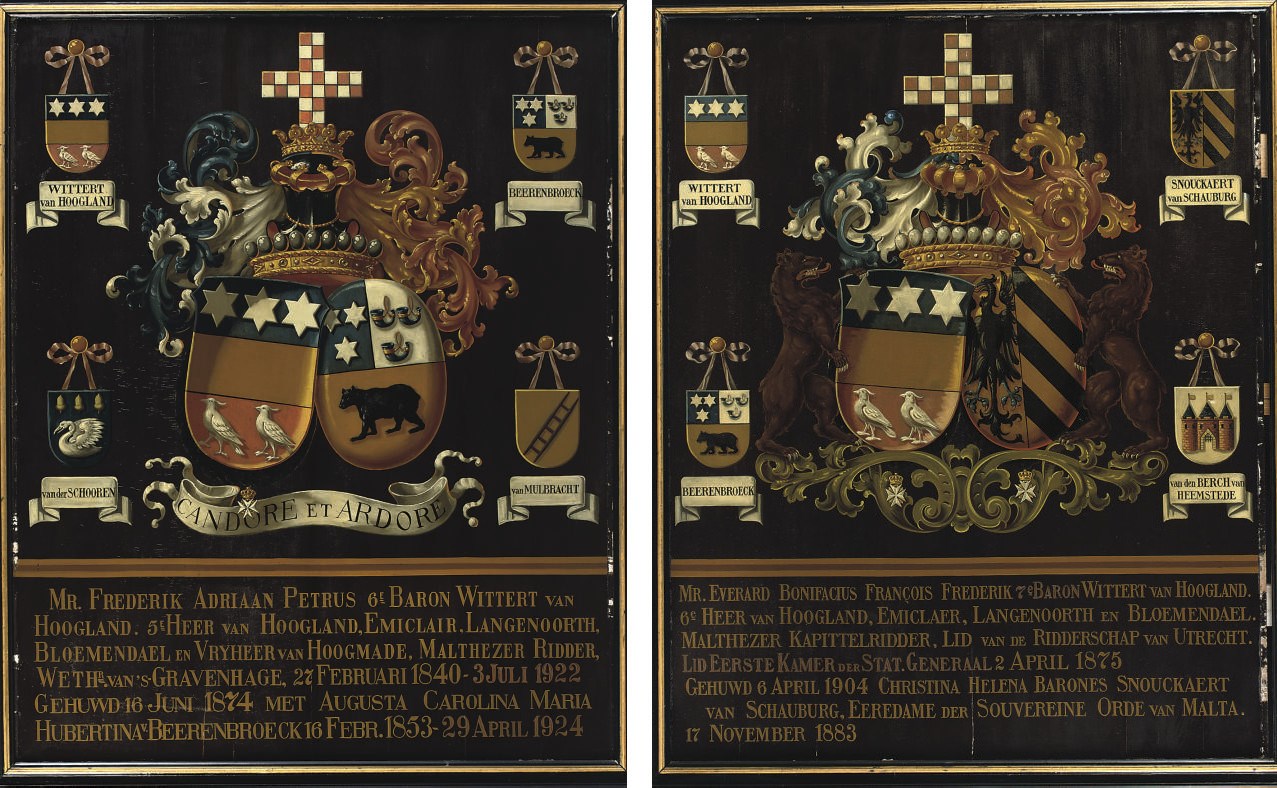 A PAIR OF DUTCH PARCEL-GILT AND POLYCHROME PAINTED ARMORIAL PANELS