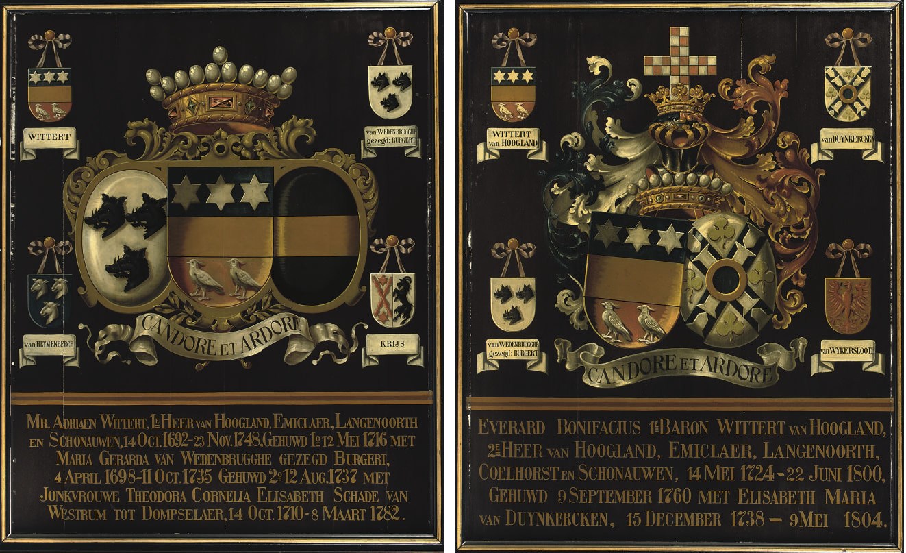A PAIR OF DUTCH PARCEL-GILT AND POLYCHROME PAINTED ARMORIAL PANELS