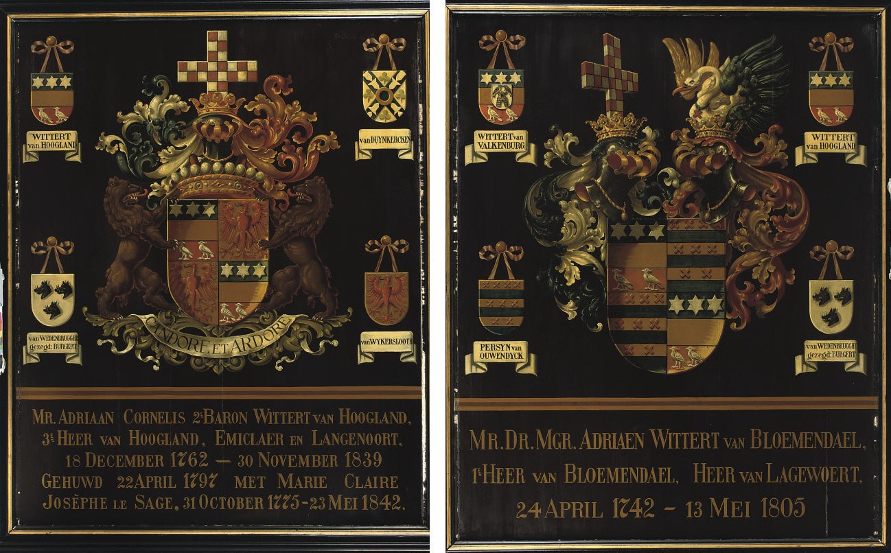 A PAIR OF DUTCH PARCEL-GILT AND POLYCHROME PAINTED ARMORIAL PANELS