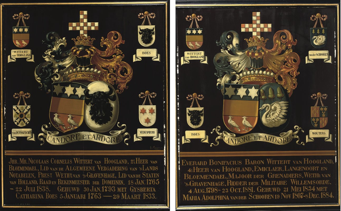 A PAIR OF DUTCH PARCEL-GILT AND POLYCHROME PAINTED ARMORIAL PANELS