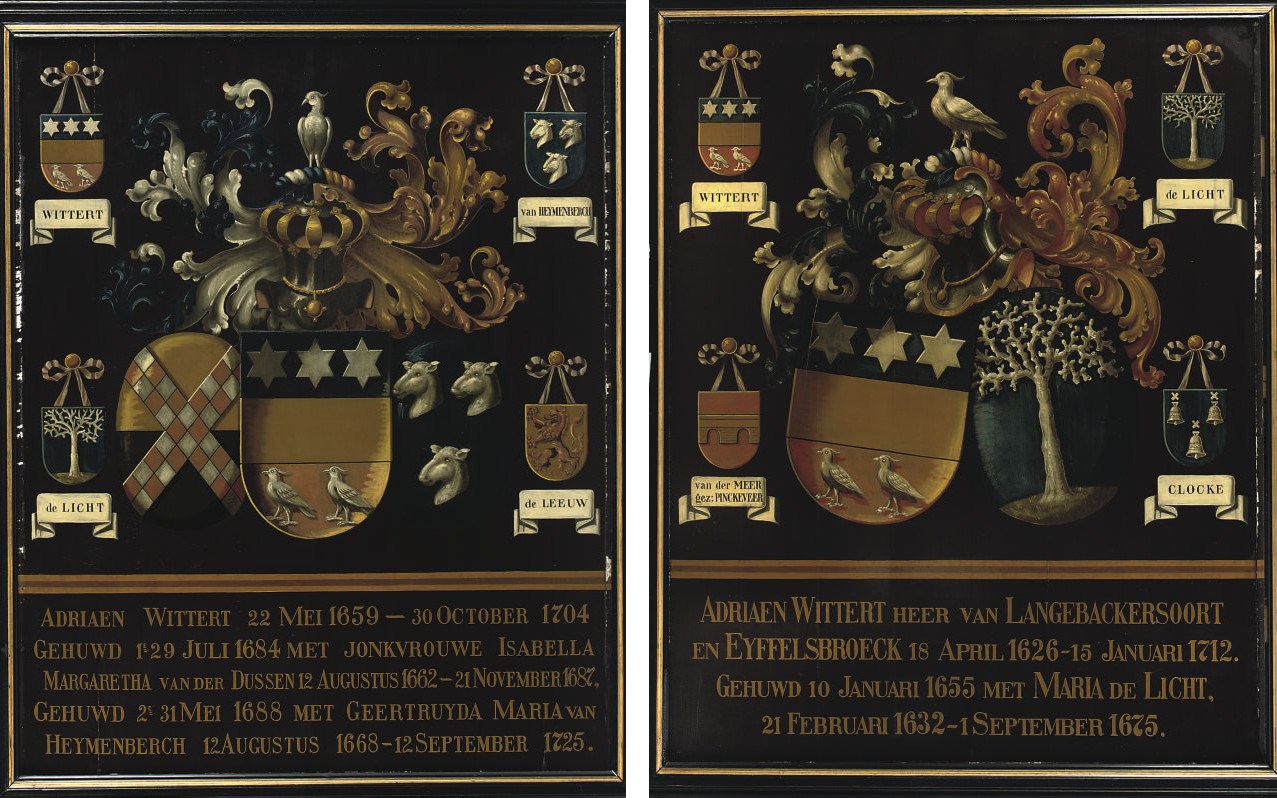 A PAIR OF DUTCH PARCEL-GILT AND POLYCHROME PAINTED ARMORIAL PANELS