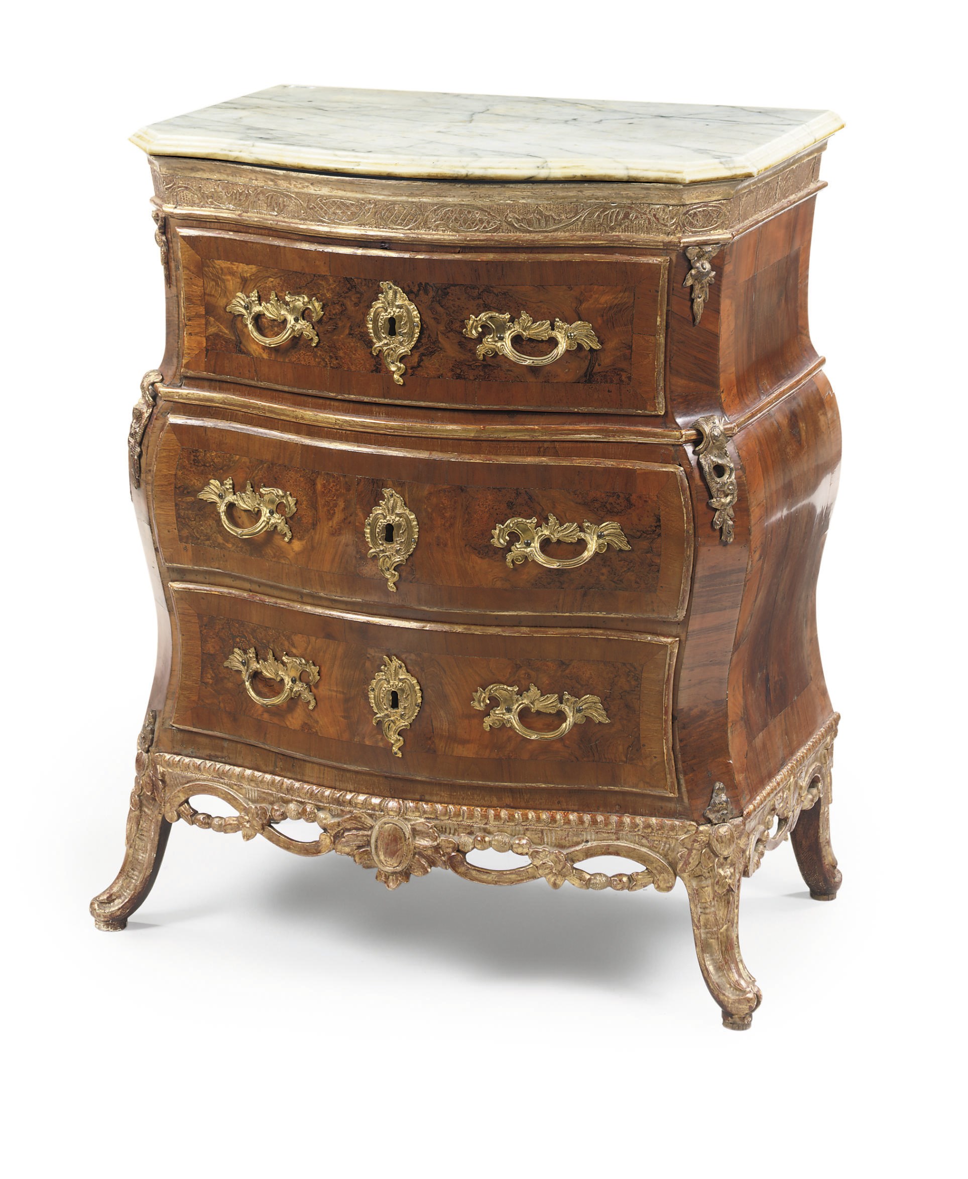 A DANISH ORMOLU-MOUNTED WALNUT AND PARCEL-GILT COMMODE