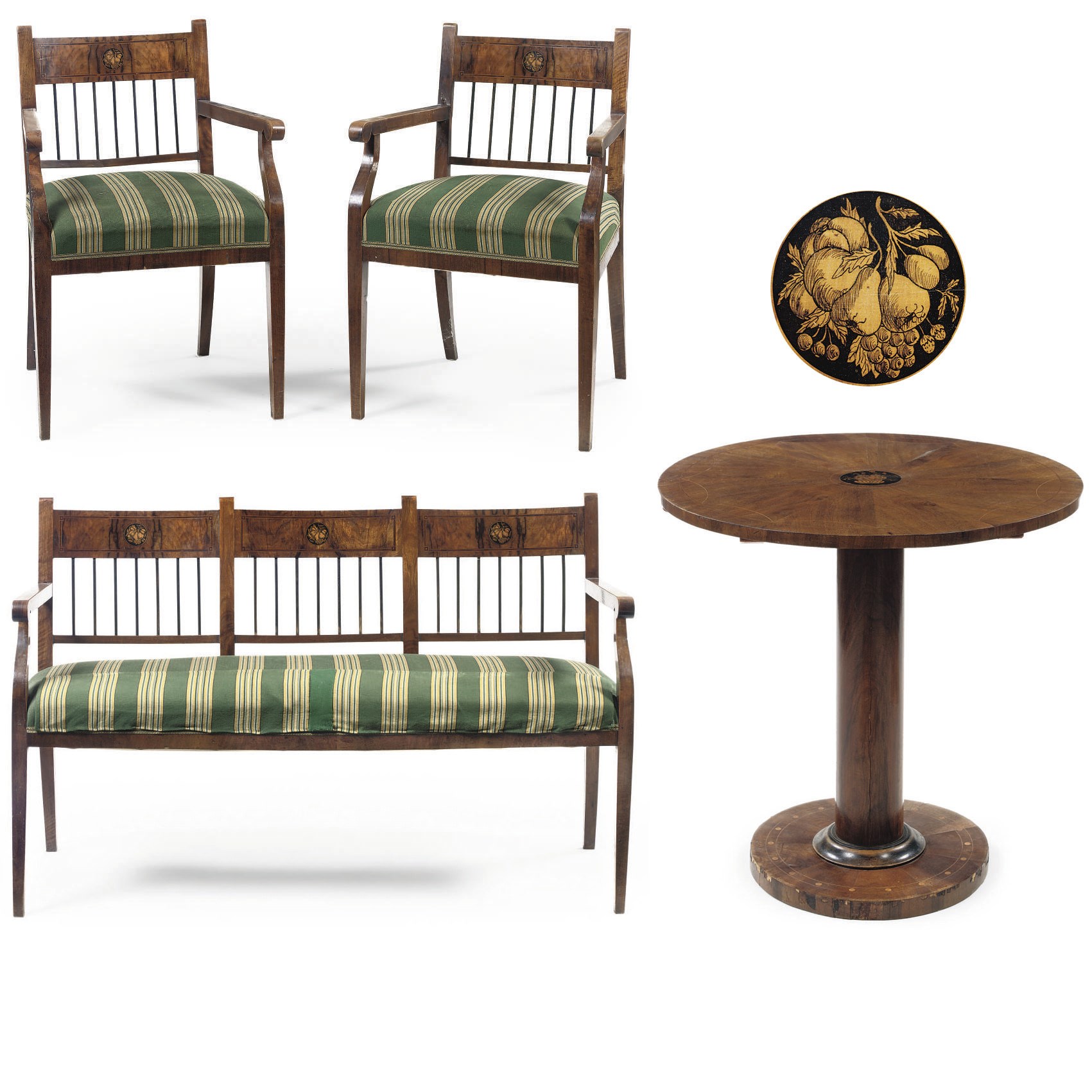 A MATCHED SUITE OF AUSTRIAN BIEDERMEIER WALNUT, FIGURED-WALNUT AND PEN-ENGRAVED FRUITWOOD SEAT FURNITURE