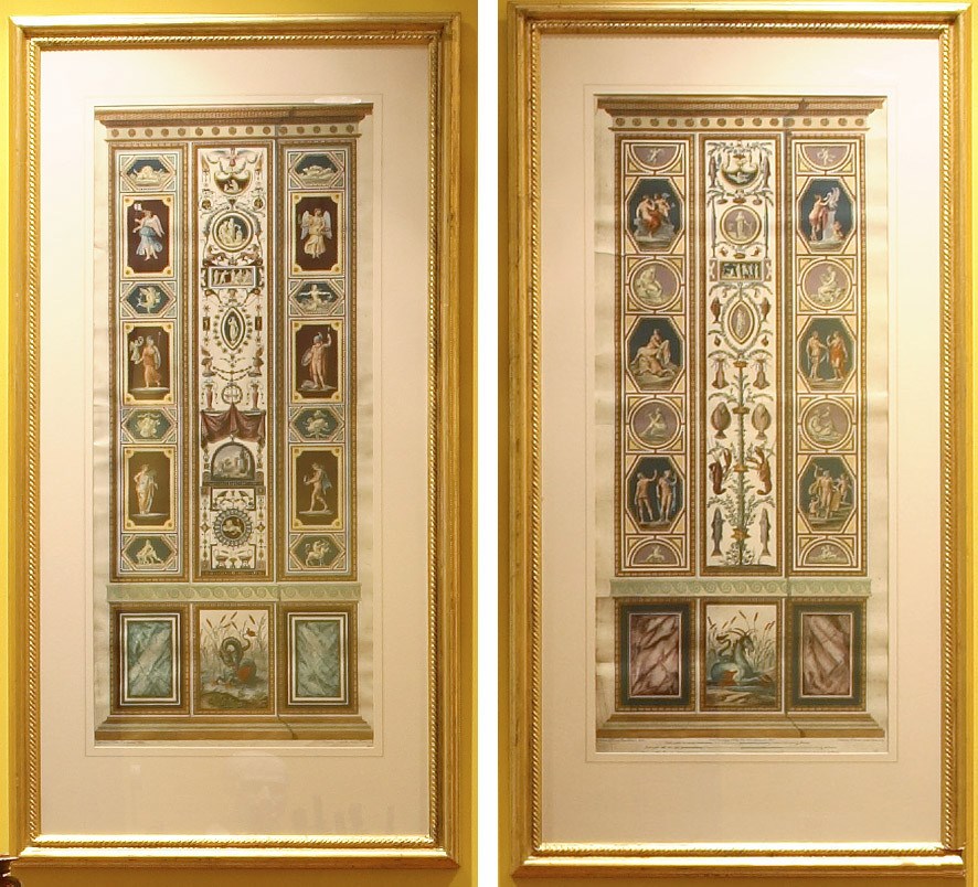 A PAIR OF HAND-COLOURED ENGRAVINGS OF ARCHITECTURAL PANELS OF THE RAPHAEL'S VATICAN LOGGIA