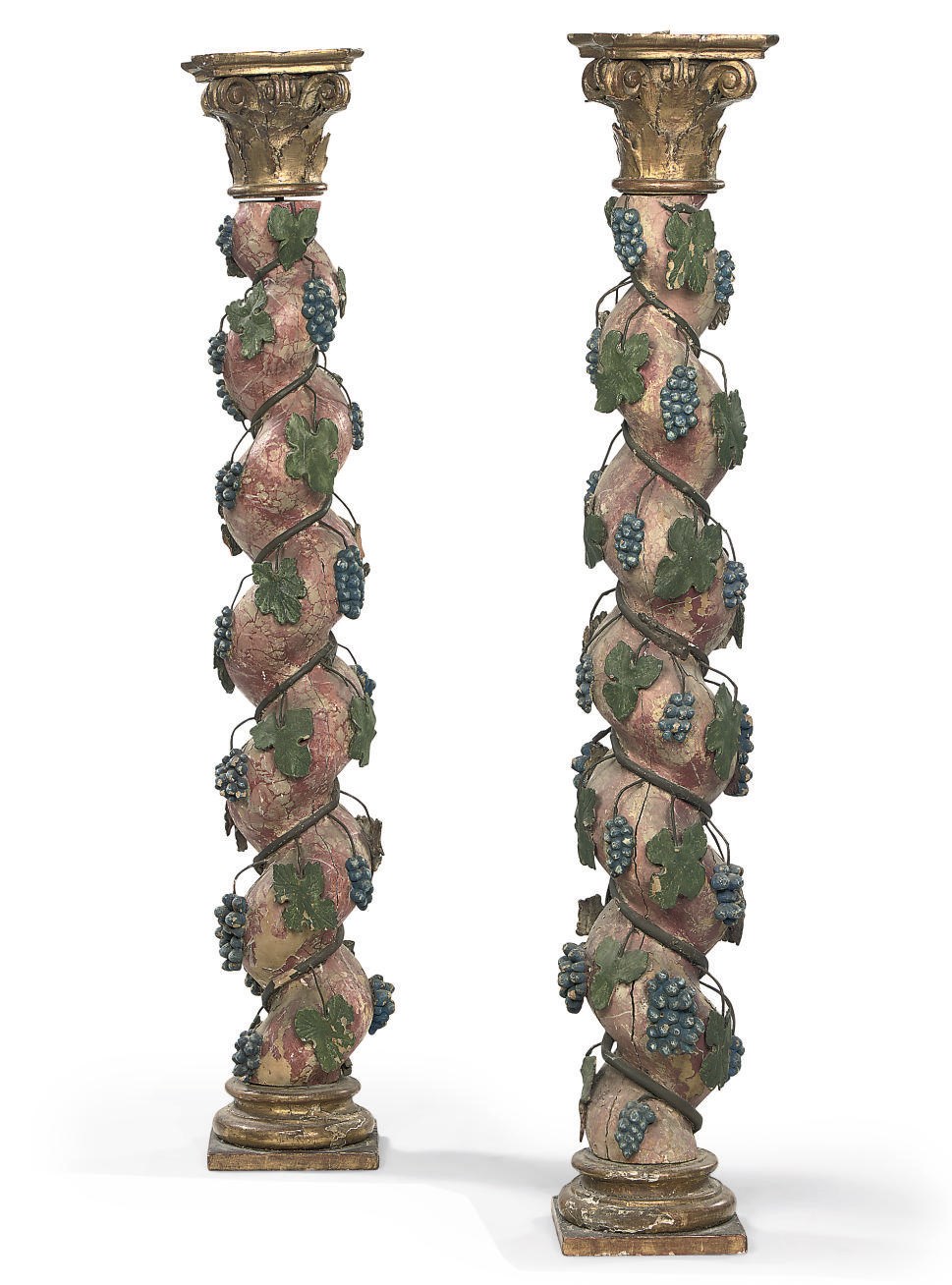 A PAIR OF MARBLEISED AND PARCEL-GILT SOLOMONIC COLUMNS