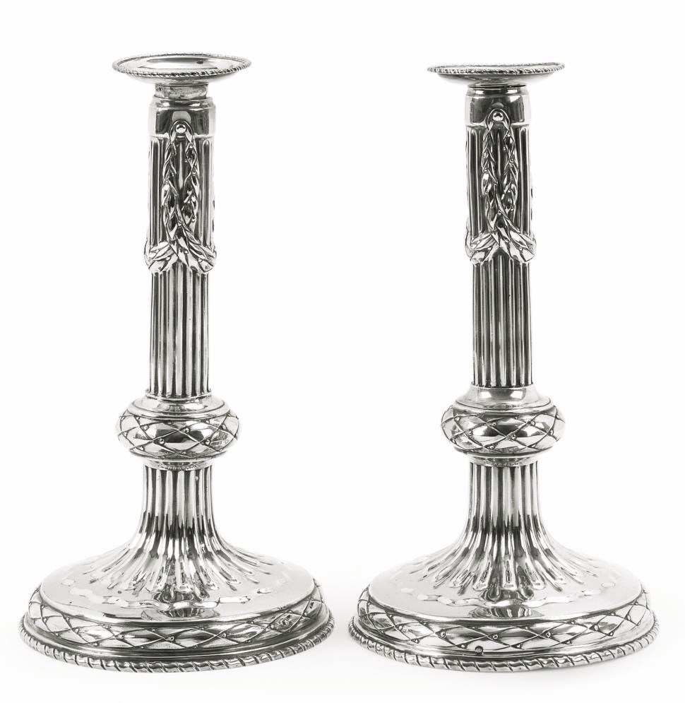 A PAIR OF BELGIAN SILVER CANDLESTICKS