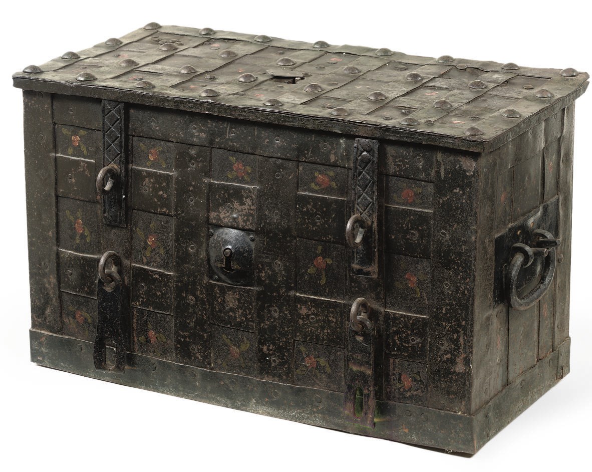 A GERMAN POLYCHROME DECORATED MONEY-CHEST