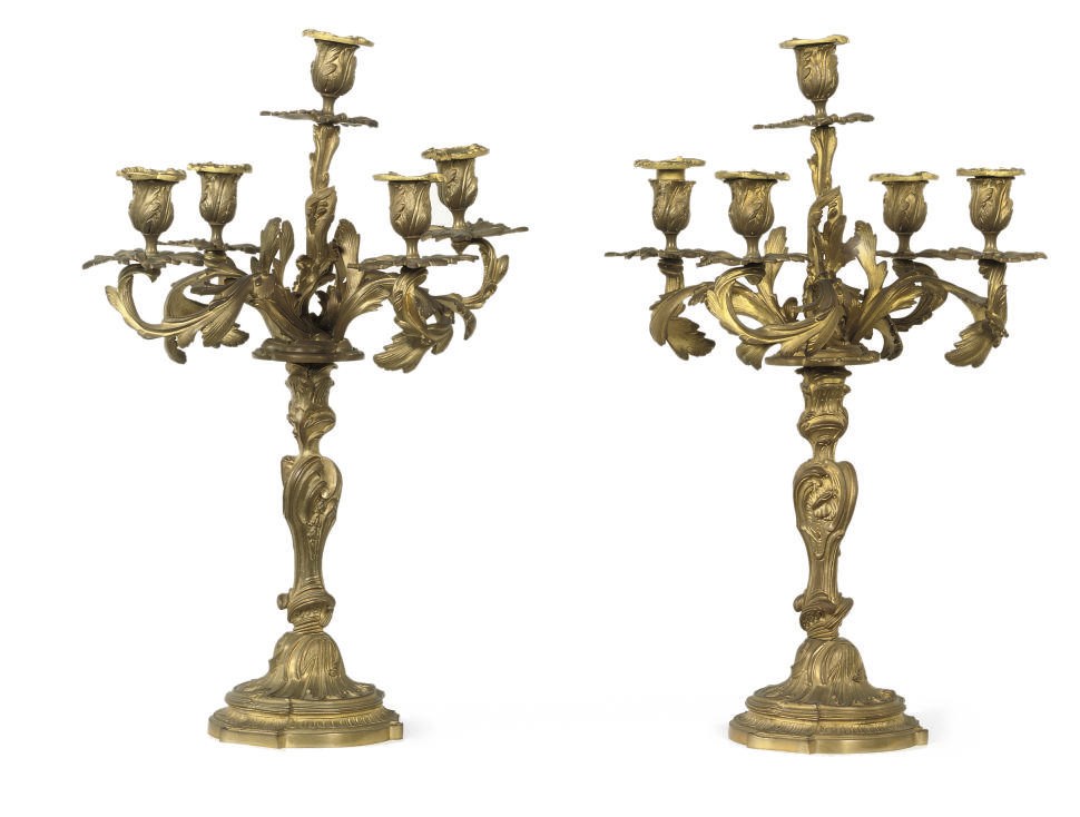 A PAIR OF FRENCH GILT-BRONZE FIVE-LIGHT CANDELABRA