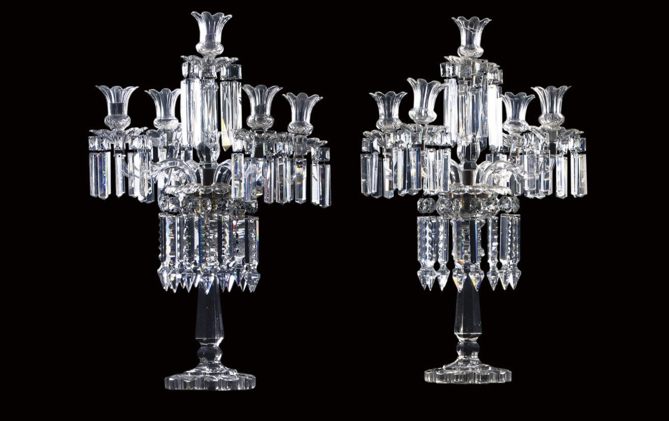 A PAIR OF NORTH EUROPEAN CUT-GLASS FIVE-LIGHT CANDELABRA