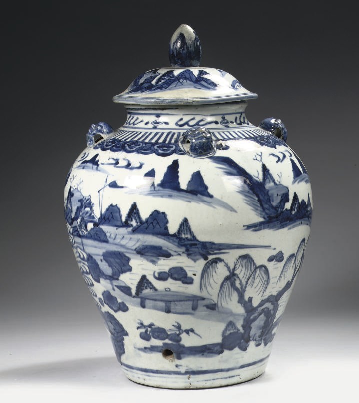 A Chinese late Ming blue and white baluster jar and cover