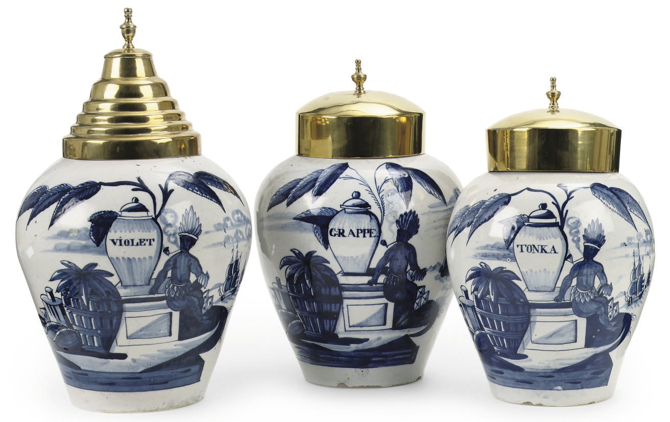 THREE DUTCH DELFT VOC TOBACCO JARS