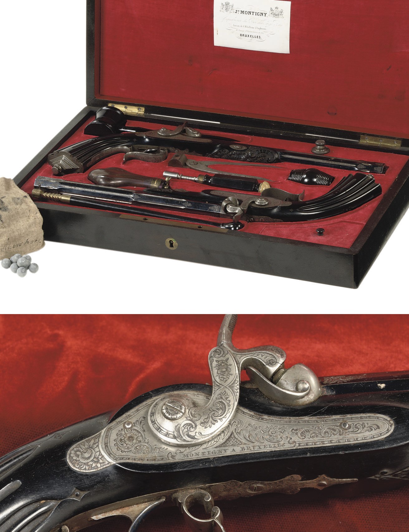 A CASED PAIR OF 13 MM-BORE DUELLING PISTOLS