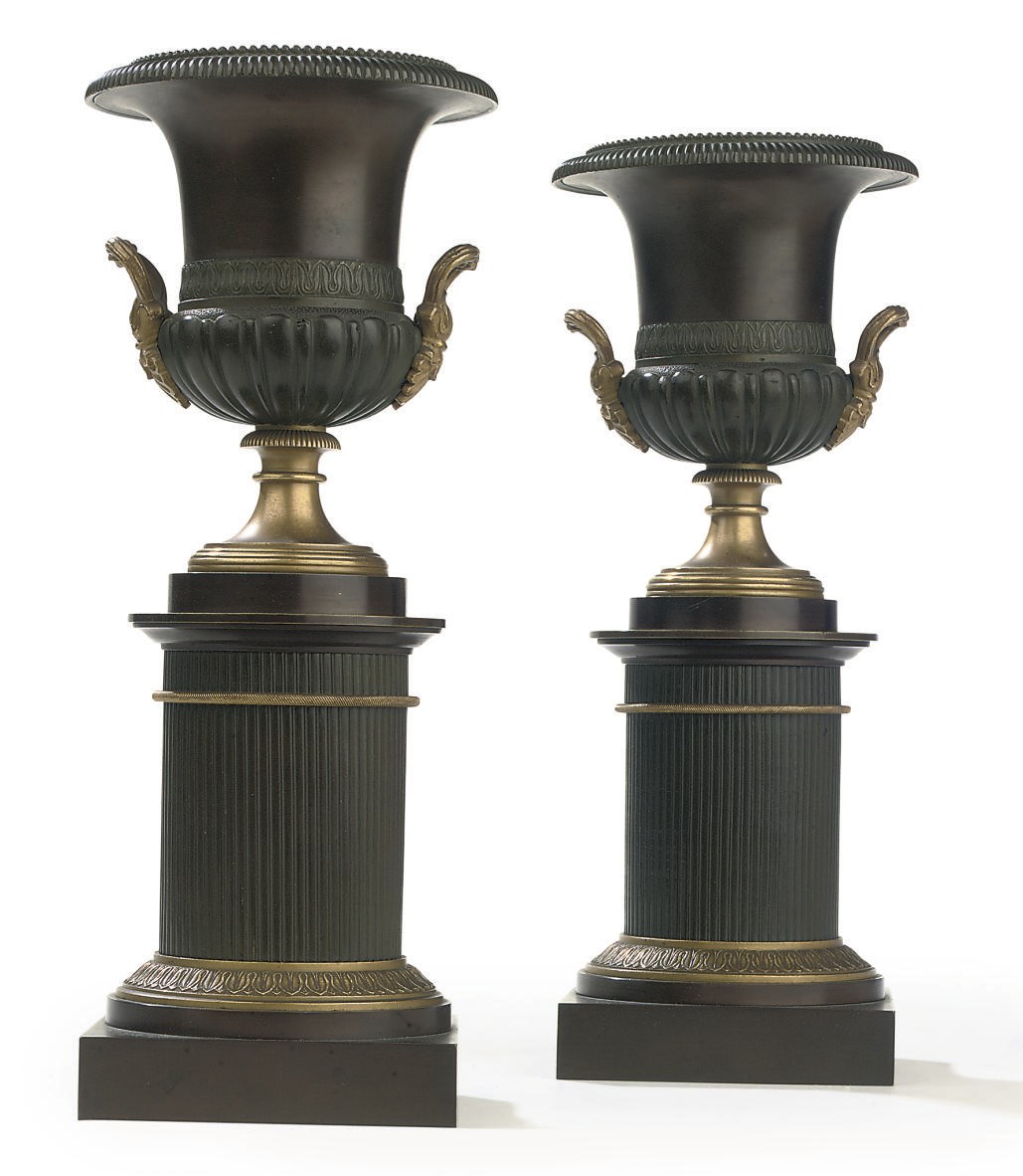 A PAIR OF LOUIS-PHILIPPE ORMOLU AND TWO-TONE PATINED BRONZE CAMPANA VASES
