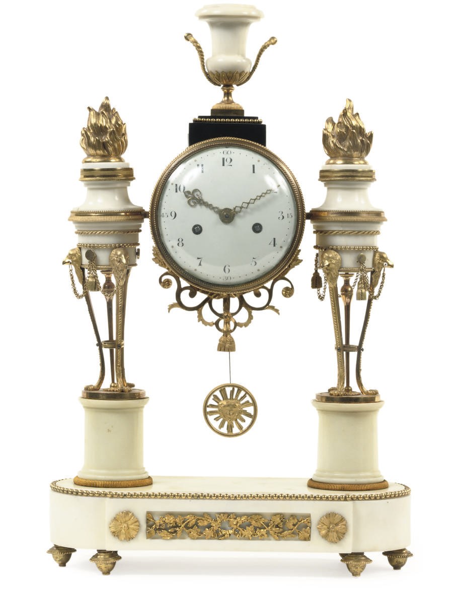 A FRENCH ORMOLU-MOUNTED WHITE MARBLE STRIKING PORTICO CLOCK