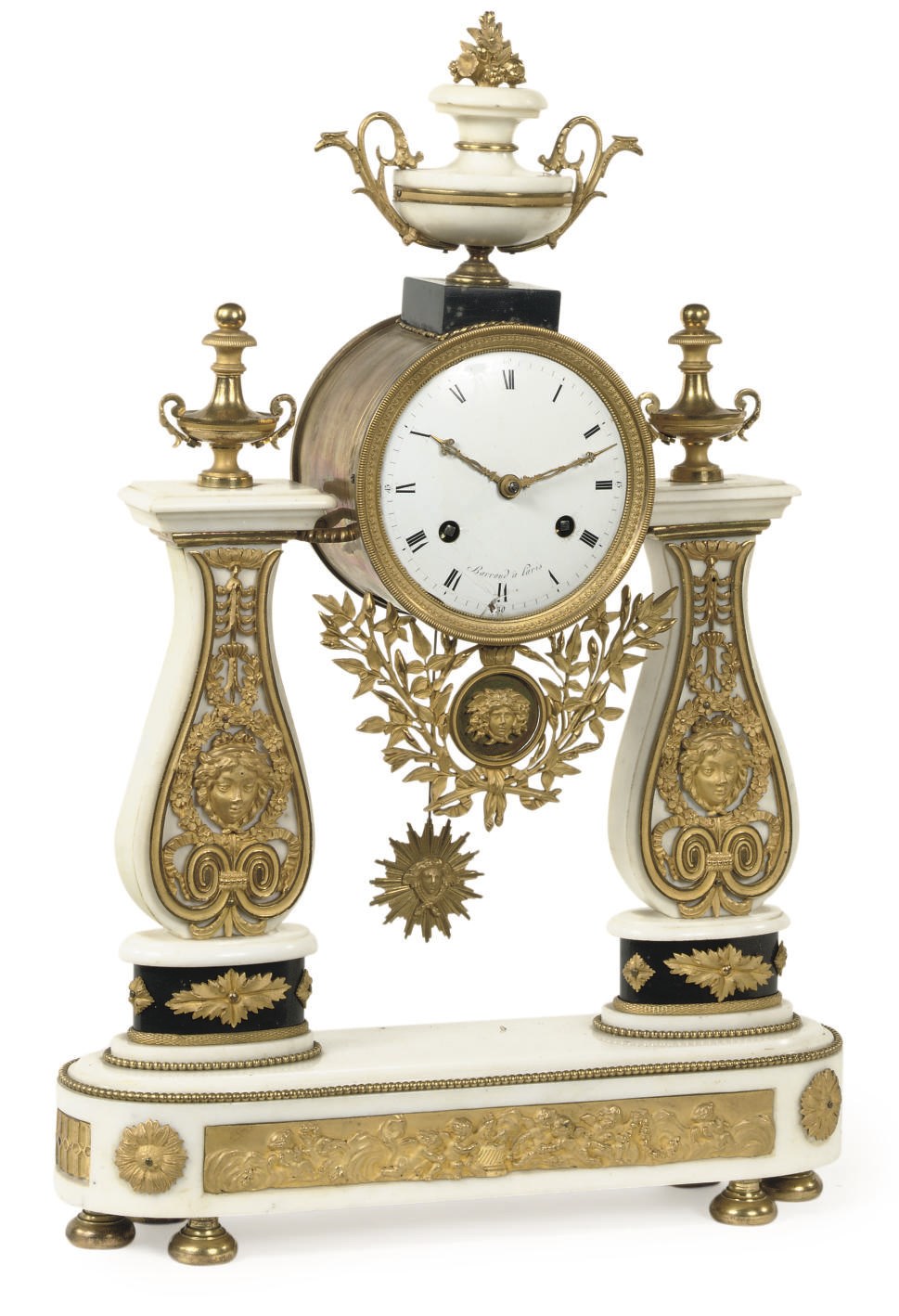 A DIRECTOIRE ORMOLU-MOUNTED WHITE AND BLACK MARBLE STRIKING PORTICO CLOCK