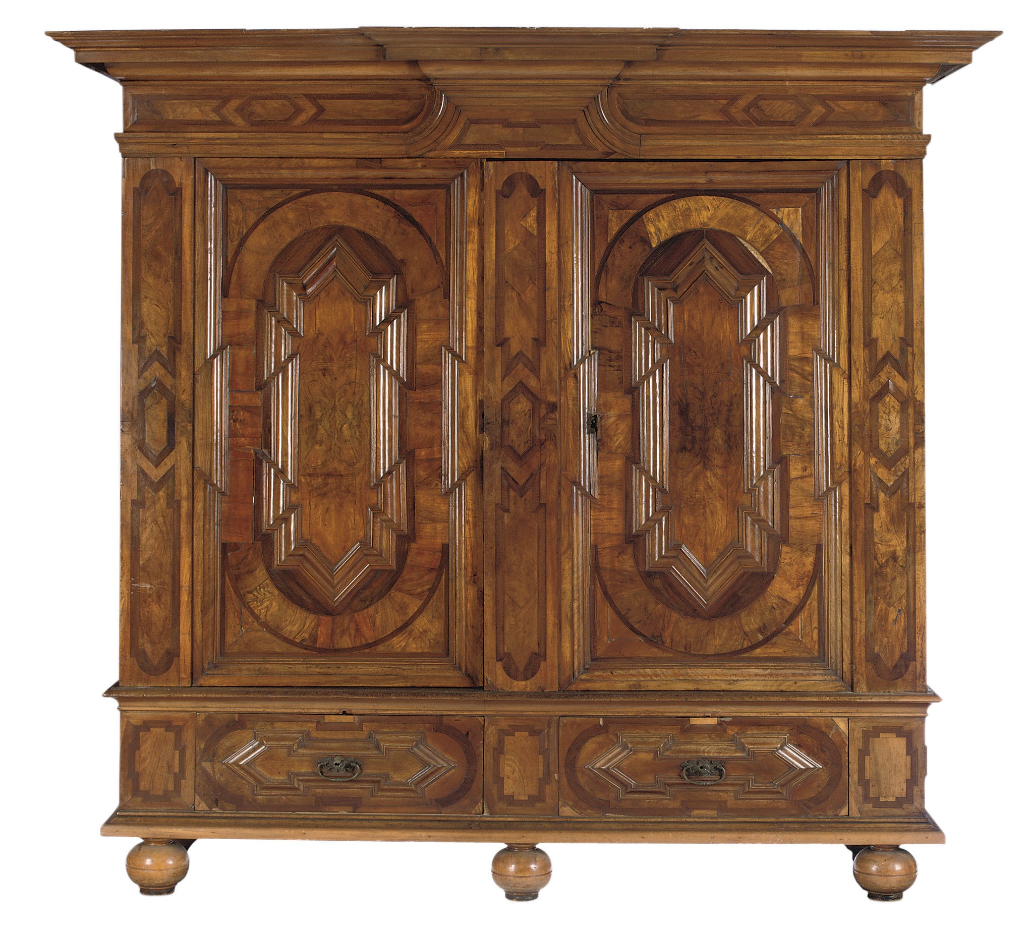 A NORTH GERMAN WALNUT, FIGURED-WALNUT AND SNAKEWOOD CUPBOARD, FASSADENSCHRANK