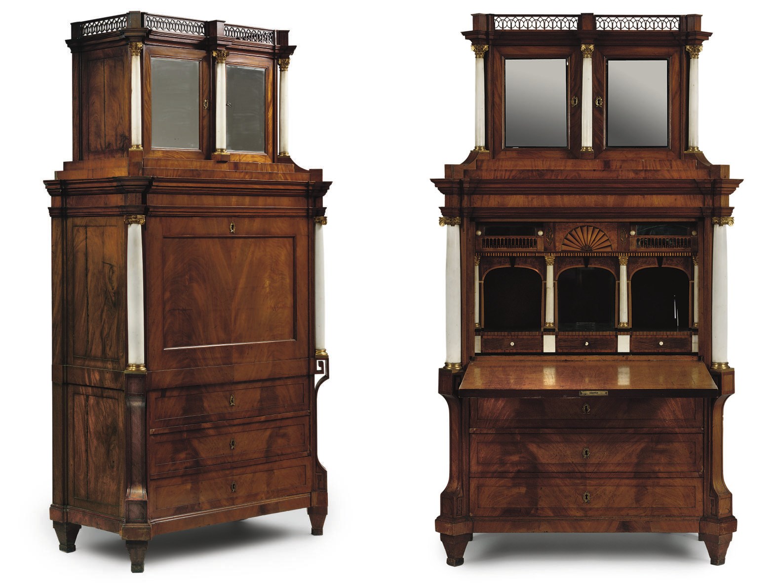 A NORTH GERMAN ORMOLU-MOUNTED ALABASTER, MAHOGANY, MAPLE, SYCAMORE, TULIPWOOD AND STAINED FRUITWOOD PARQUETRY AND MARQUETRY SECRETAIRE