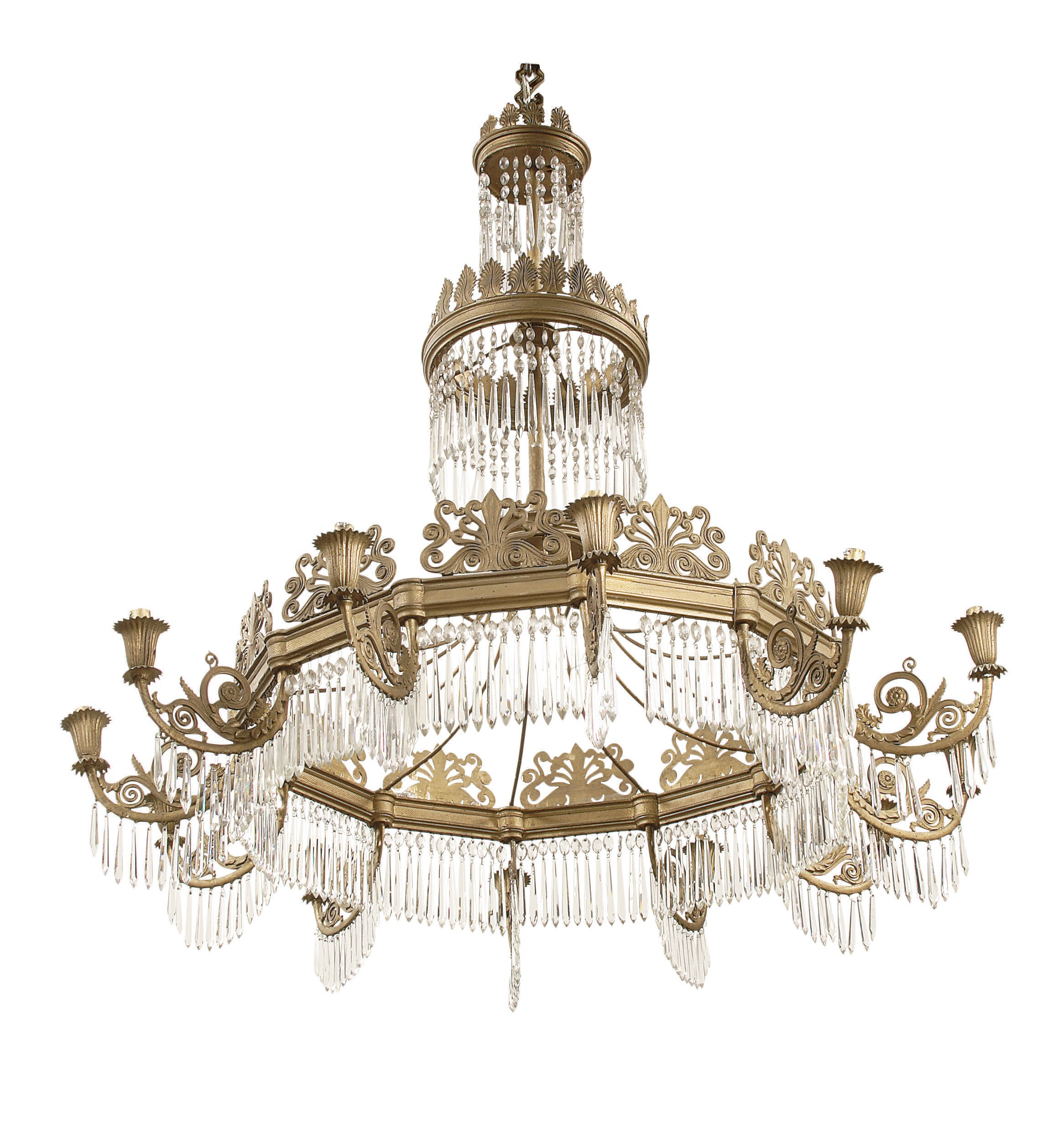 A NORTH GERMAN GILT-METAL, GILT-WOOD, TERRACOTTA AND CUT-GLASS TWELVE-LIGHT CHANDELIER