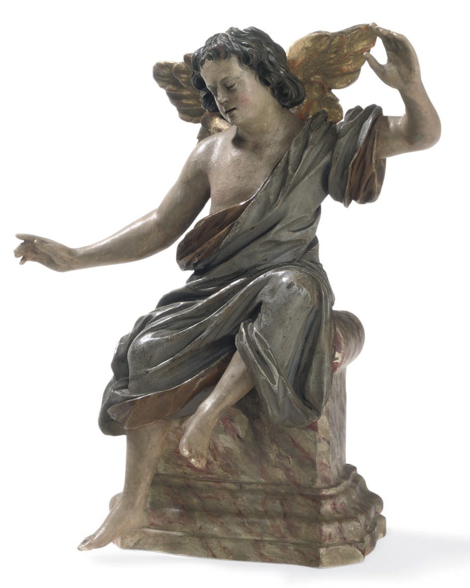 A POLYCHROME PARCEL-GILT CARVED WOOD FIGURE OF AN ANGEL