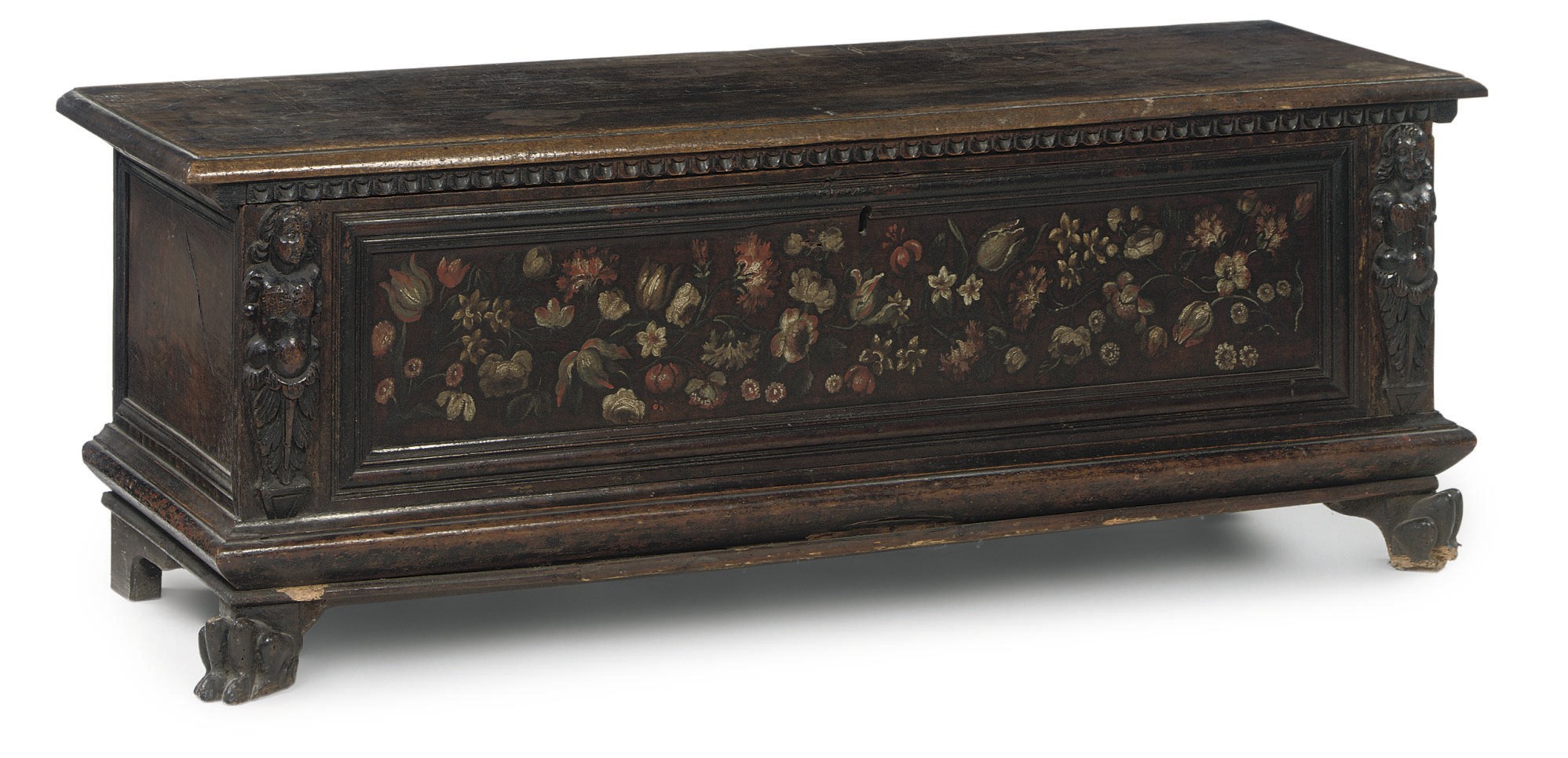 AN ITALIAN POLYCHROME-DECORATED AND WALNUT CASSONE
