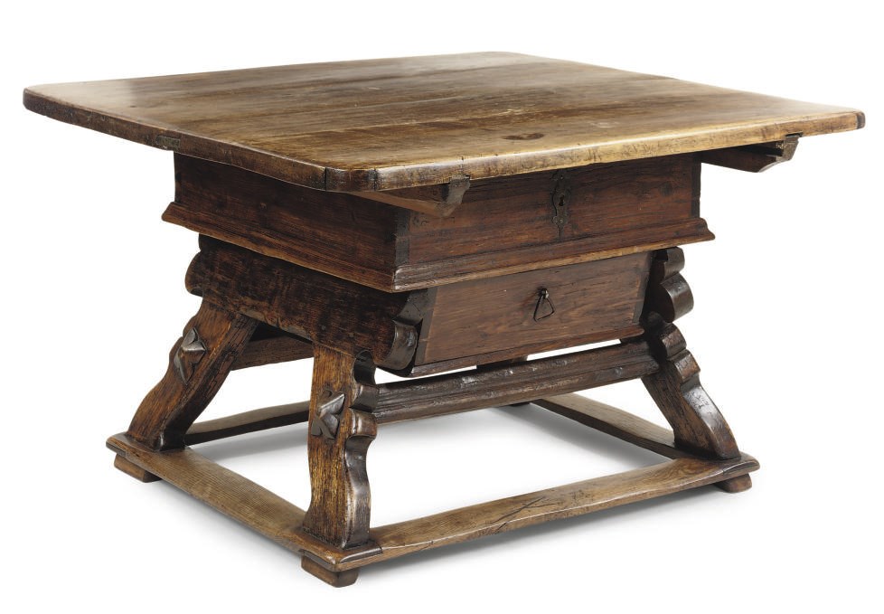 A GERMAN OAK, PINE AND FRUITWOOD BAILIF TABLE