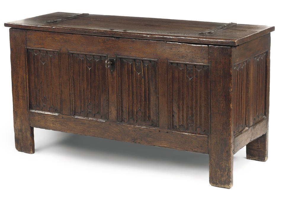 A WEST GERMAN IRON MOUNTED OAK CHEST 'STOLLENTRUHE'