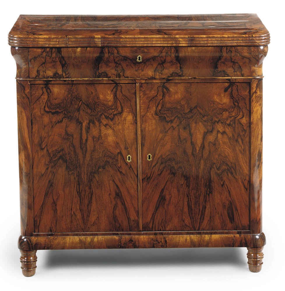 A GERMAN FIGURED WALNUT SIDE CABINET